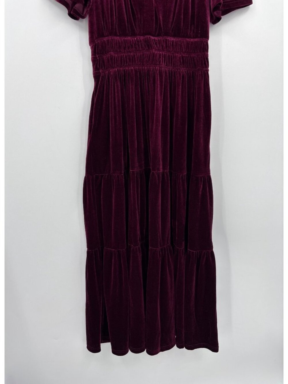Bohme Velvet Tiered Maxi Dress V-Neck Flutter Sleeve Burgundy Medium - Picture 4 of 8